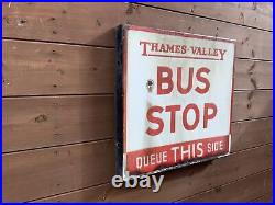 Vintage Enamel Double Sided Bus Stop Thames Valley In Red
