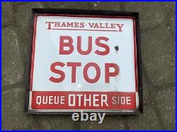 Vintage Enamel Double Sided Bus Stop Thames Valley In Red