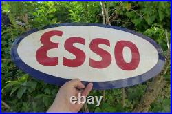 Vintage Enamel ESSO Oval Metal Sign Wall Decor 28.5 cm x 59.5 cm Collector Cave