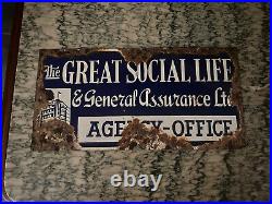 Vintage Enamel Great Social Life & Genera Assurance Ltd Sign