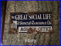 Vintage Enamel Great Social Life & Genera Assurance Ltd Sign