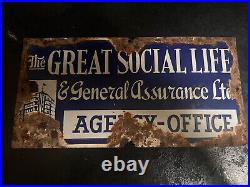 Vintage Enamel Great Social Life & Genera Assurance Ltd Sign