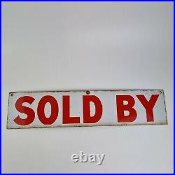 Vintage Enamel Red And White Sold By Sign 51cm wide x 11.5cm High
