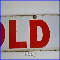 Vintage Enamel Red And White Sold By Sign 51cm wide x 11.5cm High