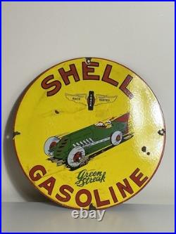 Vintage Enamel Shell Gasoline Green Streak Round Sign