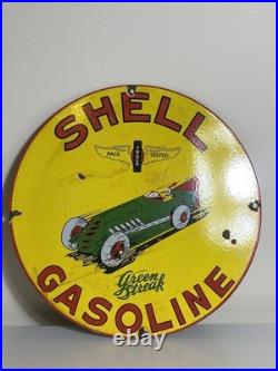 Vintage Enamel Shell Gasoline Green Streak Round Sign