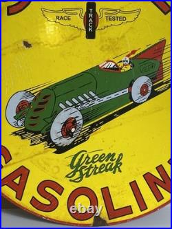 Vintage Enamel Shell Gasoline Green Streak Round Sign