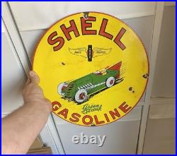 Vintage Enamel Shell Gasoline Green Streak Round Sign