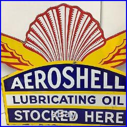 Vintage Enamel Sign Aeroshell Lubricating Oil Stocked Here #1025