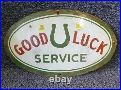 Vintage Enamel Sign Good Luck Service 19.75 by 12 inches
