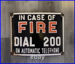 Vintage Enamel Sign In Case Of FIRE Dial 200 On Automatic Telephone
