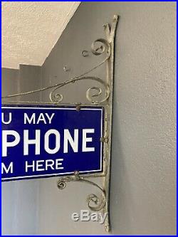 Vintage Enamel Sign'you May Telephone From Here' On Its Original Bracket