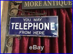 Vintage Enamel Sign'you May Telephone From Here' On Its Original Bracket