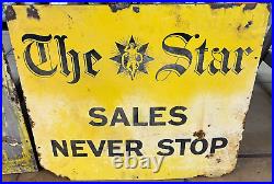 Vintage Enamel The Sun Sales Never Stop Newspaper Sign