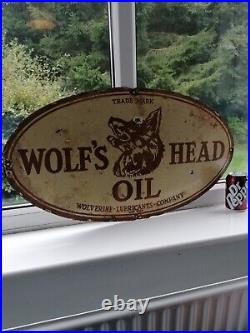 Vintage Enamel Wolf's Head Oil New York Sign