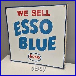 Vintage Esso Blue Enamel Sign 100% Original Double Sided Automobilia Old Garage