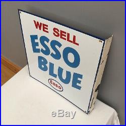 Vintage Esso Blue Enamel Sign 100% Original Double Sided Automobilia Old Garage