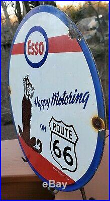 Vintage Esso Happy Motoring Route 66 Porcelain Enamel 1964 Gas Oil Pump Sign