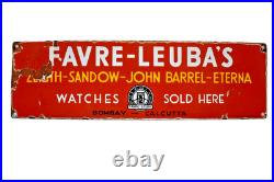 Vintage Favre Leuba Porcelain Enamel Sign 20x6 Bombay Calcutta Watch Advertising