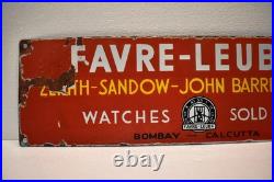 Vintage Favre Leuba Porcelain Enamel Sign 20x6 Bombay Calcutta Watch Advertising