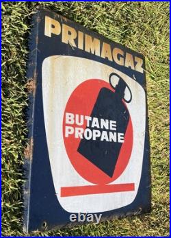 Vintage Flanged Double Sided Enamel Advertising Sign Primagaz / French / Gas