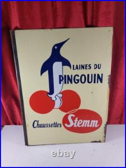 Vintage French Double Sided Enamel Advertising Sign Penguin Shoes