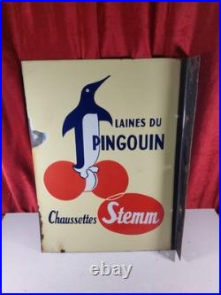 Vintage French Double Sided Enamel Advertising Sign Penguin Shoes