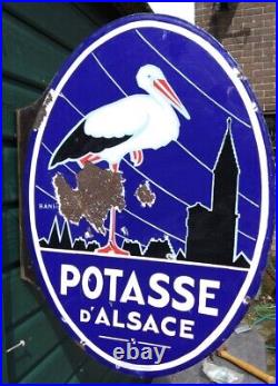 Vintage French Enamel Sign Double Sided Flanged Potasse D'Alsace