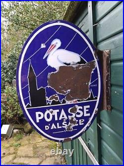 Vintage French Enamel Sign Double Sided Flanged Potasse D'Alsace