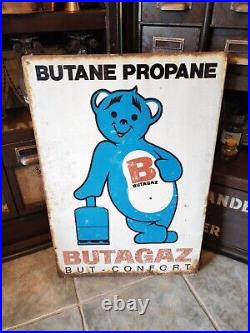 Vintage French Enamel Style Painted Steel Double Sided Sign. Butagaz Propane