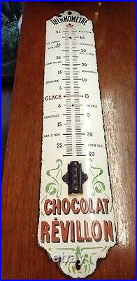 Vintage French Enamel Thermometer Sign Advertising Chocolat Revillon