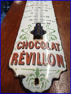 Vintage French Enamel Thermometer Sign Advertising Chocolat Revillon