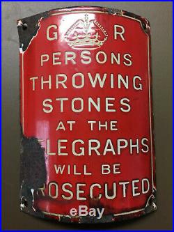 Vintage G R Red Enamel Sign Persons Throwing Stones At Telegraphs Antique Post