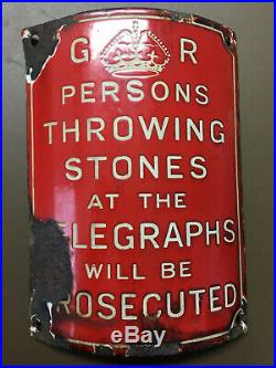 Vintage G R Red Enamel Sign Persons Throwing Stones At Telegraphs Antique Post