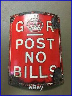 Vintage G R Red Enamel Sign Post No Bills Antique Advertising