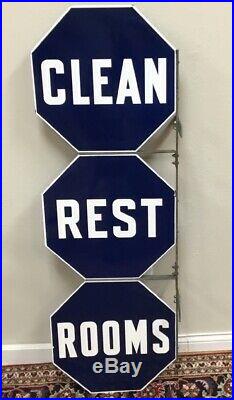 Vintage Gas Station Clean Rest Rooms Double Sided Porcelain Enamel Flange Sign