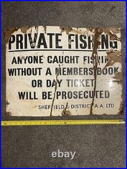 Vintage Genuine Authentic Enamel Salvage Sign, Private Fishing South Yorkshire