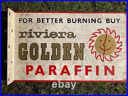 Vintage Golden Enamel Sign Advertising Petrol Oil Old Double Sided