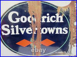 Vintage Goodrich Silvertowns Tire Porcelain Enamel Sign Double Sided Flange USA