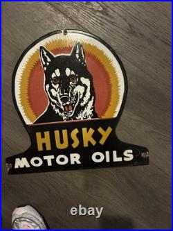 Vintage HUSKY Motor Oils Enamel Advertising Sign 17 Heavy