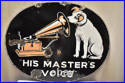 Vintage H. M. V. His Master Voice Porcelain Enamel Sign Board Double Sided Oval