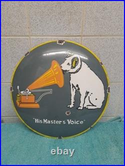 Vintage His Master Voice Enamel Button Sign 30 Cm Wide