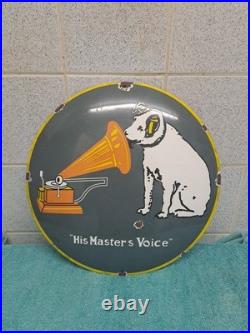 Vintage His Master Voice Enamel Button Sign 30 Cm Wide