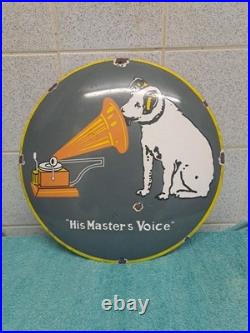 Vintage His Master Voice Enamel Button Sign 30 Cm Wide
