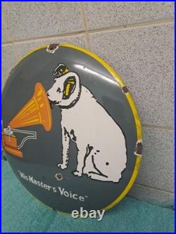 Vintage His Master Voice Enamel Button Sign 30 Cm Wide
