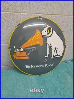 Vintage His Master Voice Enamel Button Sign 30 Cm Wide