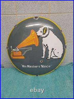 Vintage His Master Voice Enamel Button Sign 30 Cm Wide