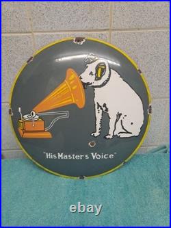 Vintage His Master Voice Enamel Button Sign 30 Cm Wide