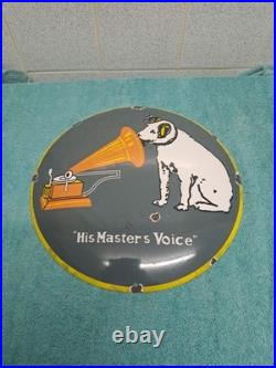 Vintage His Master Voice Enamel Button Sign 30 Cm Wide
