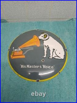 Vintage His Master Voice Enamel Button Sign 30 Cm Wide